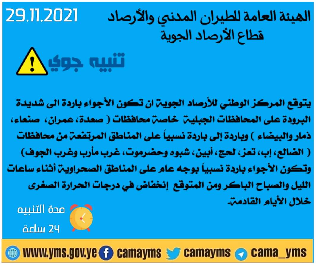 مركز الأرصاد يحذر المواطنيين خلال الساعات والأيام القادمة في كل المحافظات اليمنيه