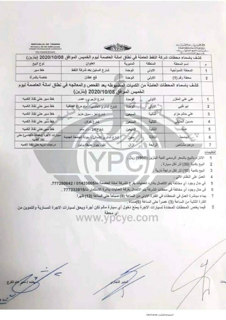 كشف بإسماء المحطات العاملة في نطاق امانة العاصمة ليوم غدا  الخميس ( بنزين )