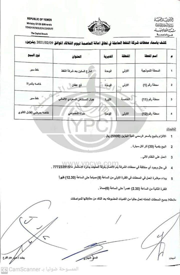 كشف بـ أسماء محطات شركة النفط اليمنية العاملة في نطاق امانة العاصمة 
