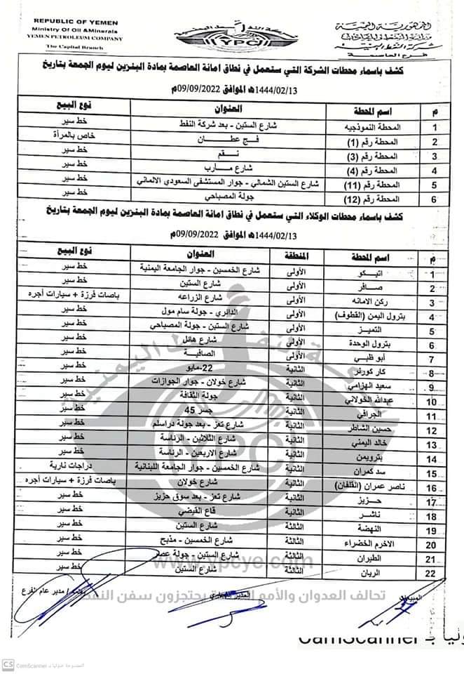 كشف بـ أسماء محطات البنزين العاملة في أمانة العاصمة ليوم الجمعة 09 سبتمبر 2022م ..