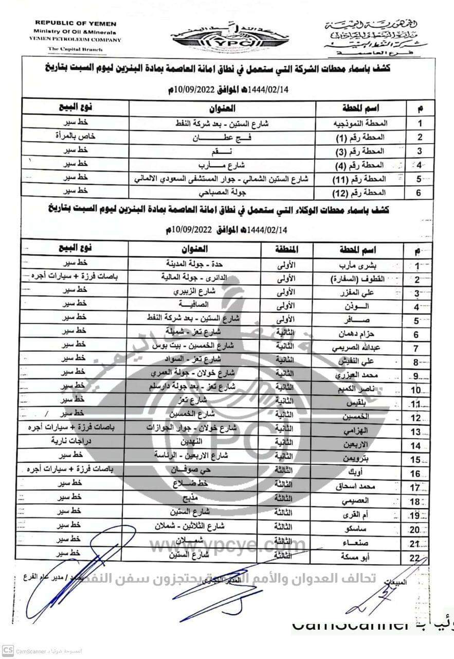كشف بـ أسماء محطات البنزين العاملة في أمانة العاصمة ليوم غد` السبت 10 سبتمبر 2022م ..