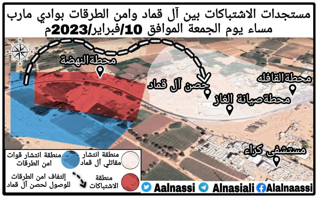 مأرب : متابعات الاشتباكات بين قوات امن الطرقات ومسلحي ال قماد في منطقة كراء وادي عبيدة  ..خريطة