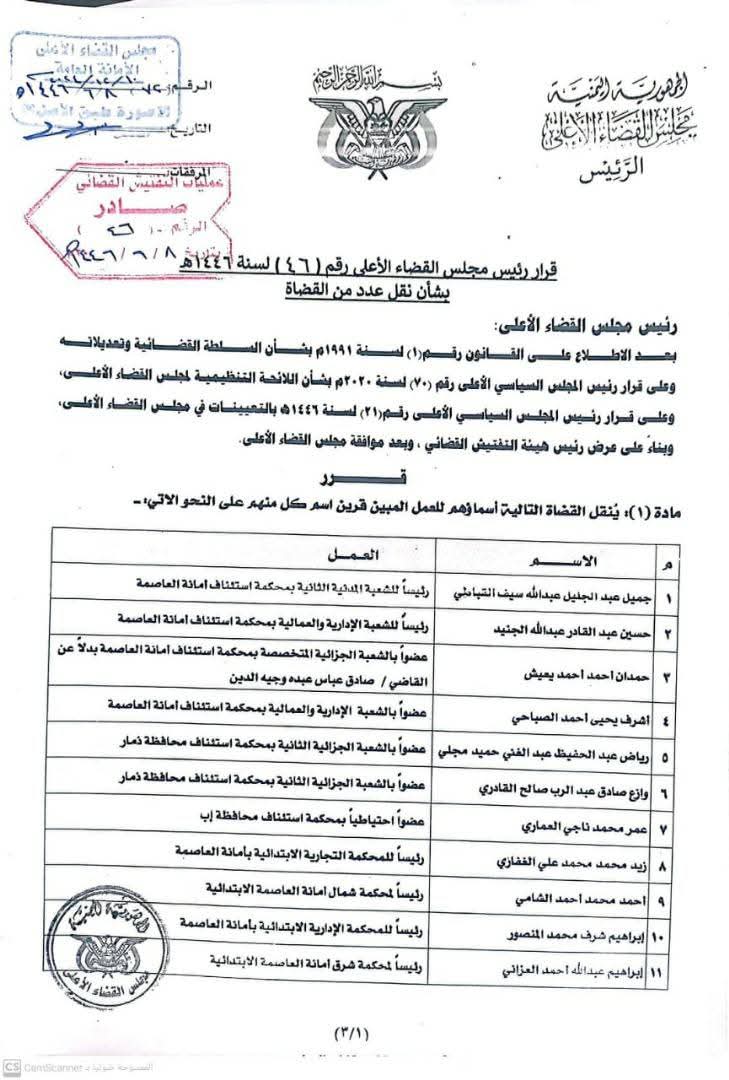 قرار هام للمجلس الأعلى للقضاء بصنعاء .. ( الأسماء + المناصب)