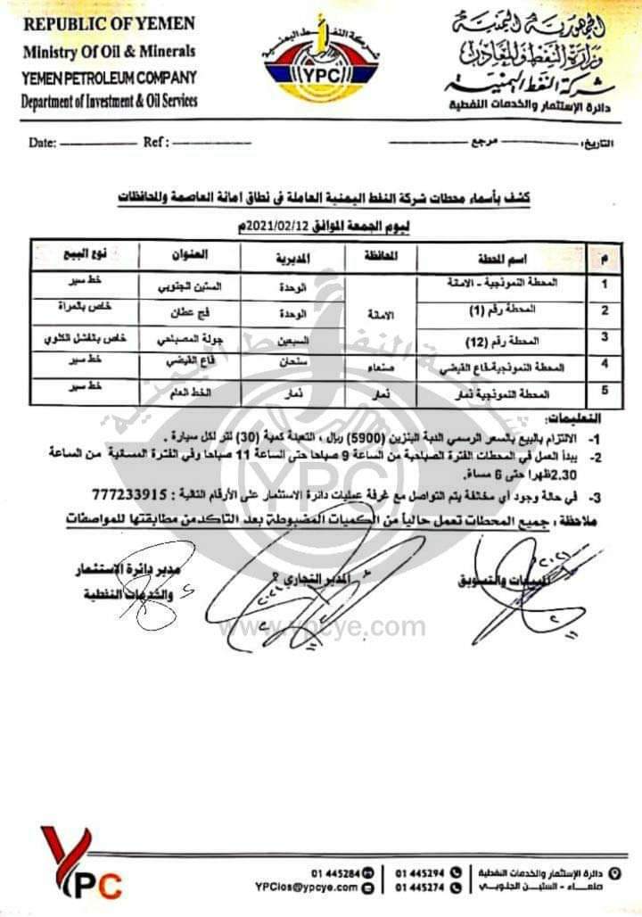 كشف بـ أسماء محطات شركة النفط اليمنية العاملة في نطاق امانة العاصمة والمحافظات 