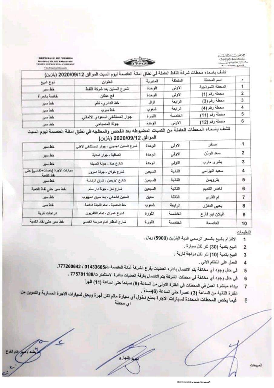 كشف بإسماء المحطات العاملة في نطاق امانة العاصمة ليوم غدا السبت ( بنزين )
