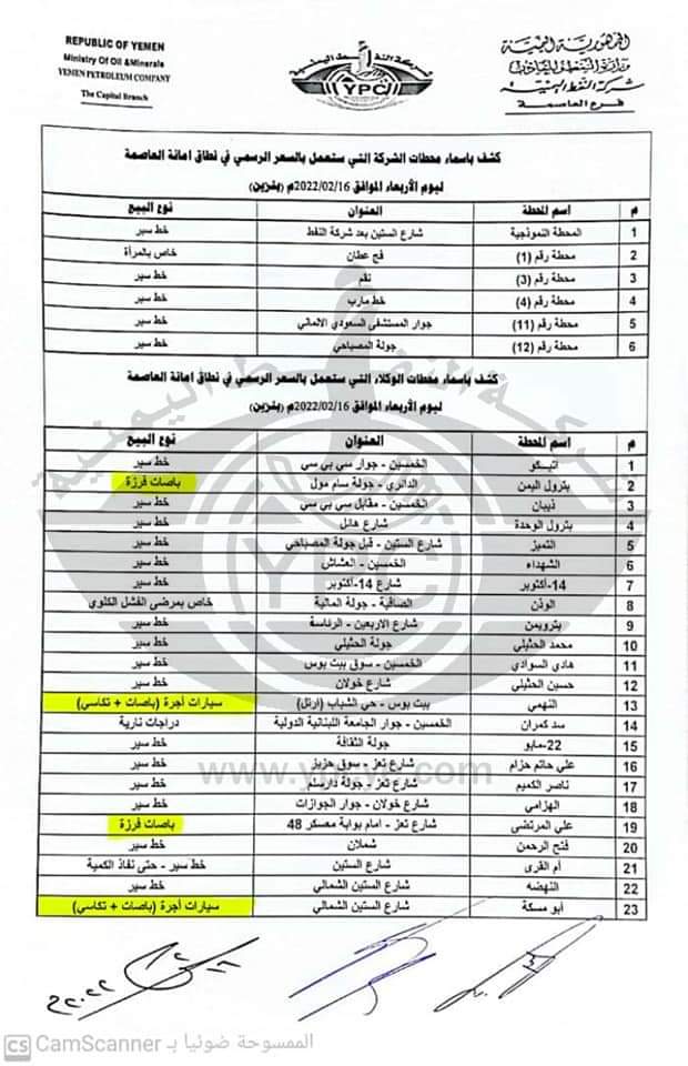 كشف بأسماء محطات البنزين العاملة في أمانة العاصمة ليوم غد الأربعاء وبالسعر الرسمي من الكمية الواردة عبر ميناء الحديدة..