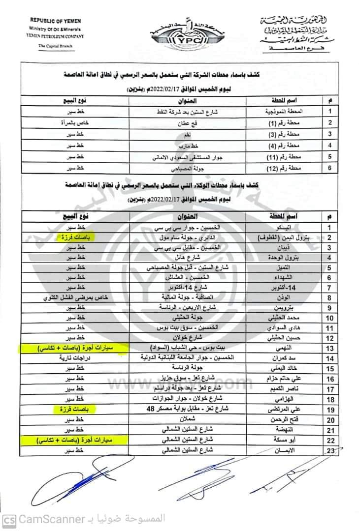 كشوفات بأسماء محطات البنزين العاملة في أمانة العاصمة ليوم غد الخميس ...