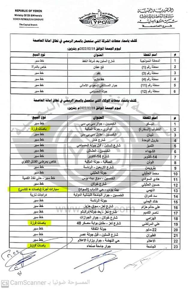 كشوفات بأسماء محطات البنزين العاملة في أمانة العاصمة ليوم غد الجمعة  ..