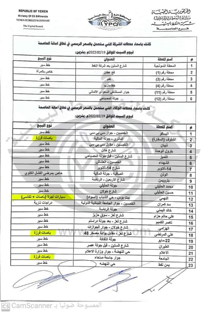 كشوفات المحطات العامله ليوم غدا السبت بالعاصمه صنعاء  ... ( بنزين )