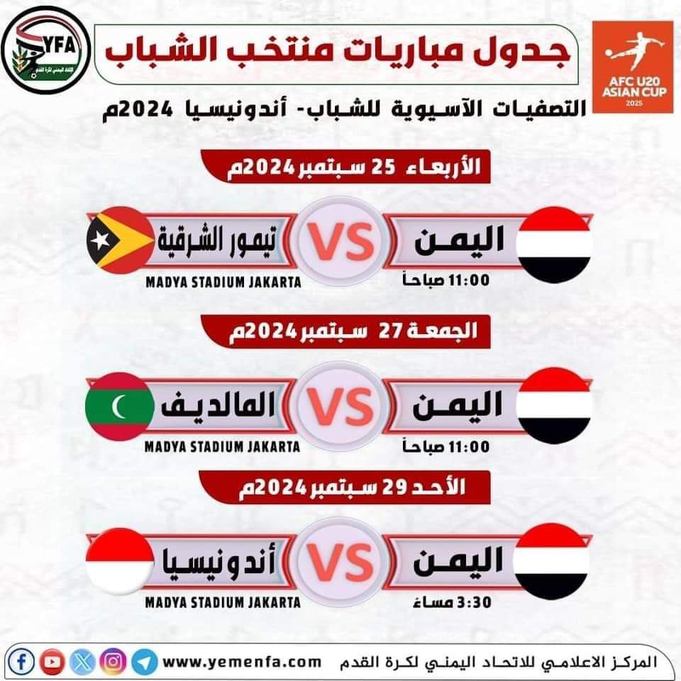 جدول مباريات منتخبنا الوطني للشباب في تصفيات كأس آسيا تحت 19 سنة ..