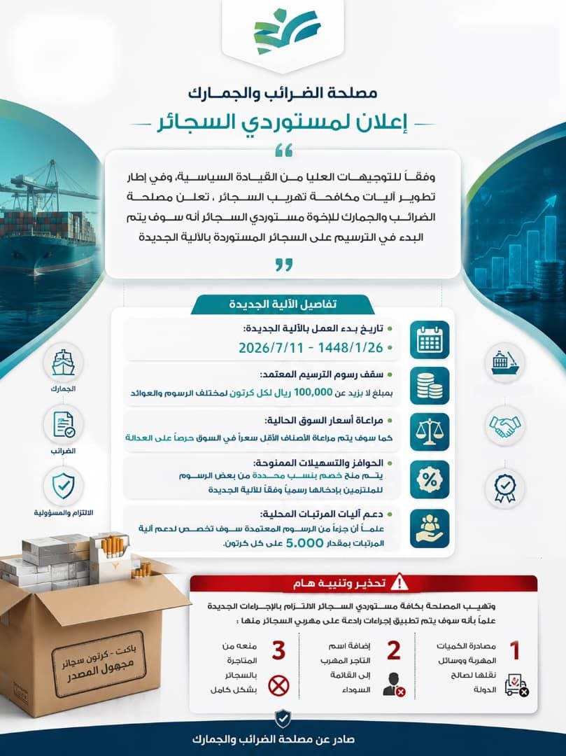 إعلان هام صادر عن مصلحة الضرائب والجمارك في صنعاء بشأن السجائر