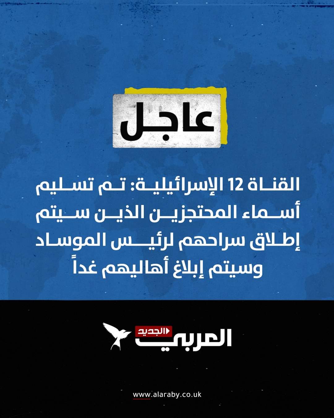 القناة 12 الإسرائيلية: تم تسليم أسماء المحتجزين الذين سيتم إطلاق سراحهم لرئيس الموساد وسيتم إبلاغ أهاليهم غداً