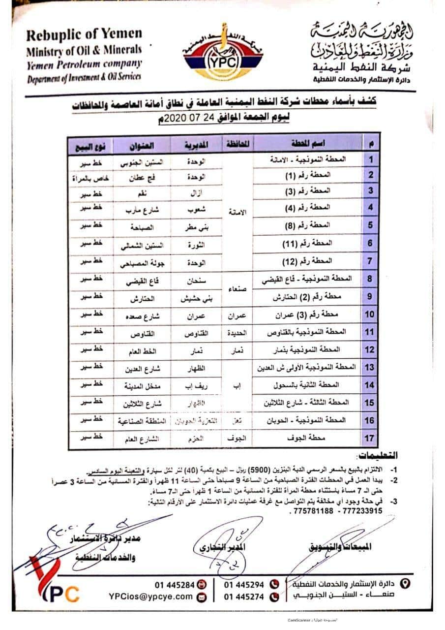 كشف بـ أسماء محطات شركة النفط العاملة في نطاق امانة العاصمة والمحافظات 