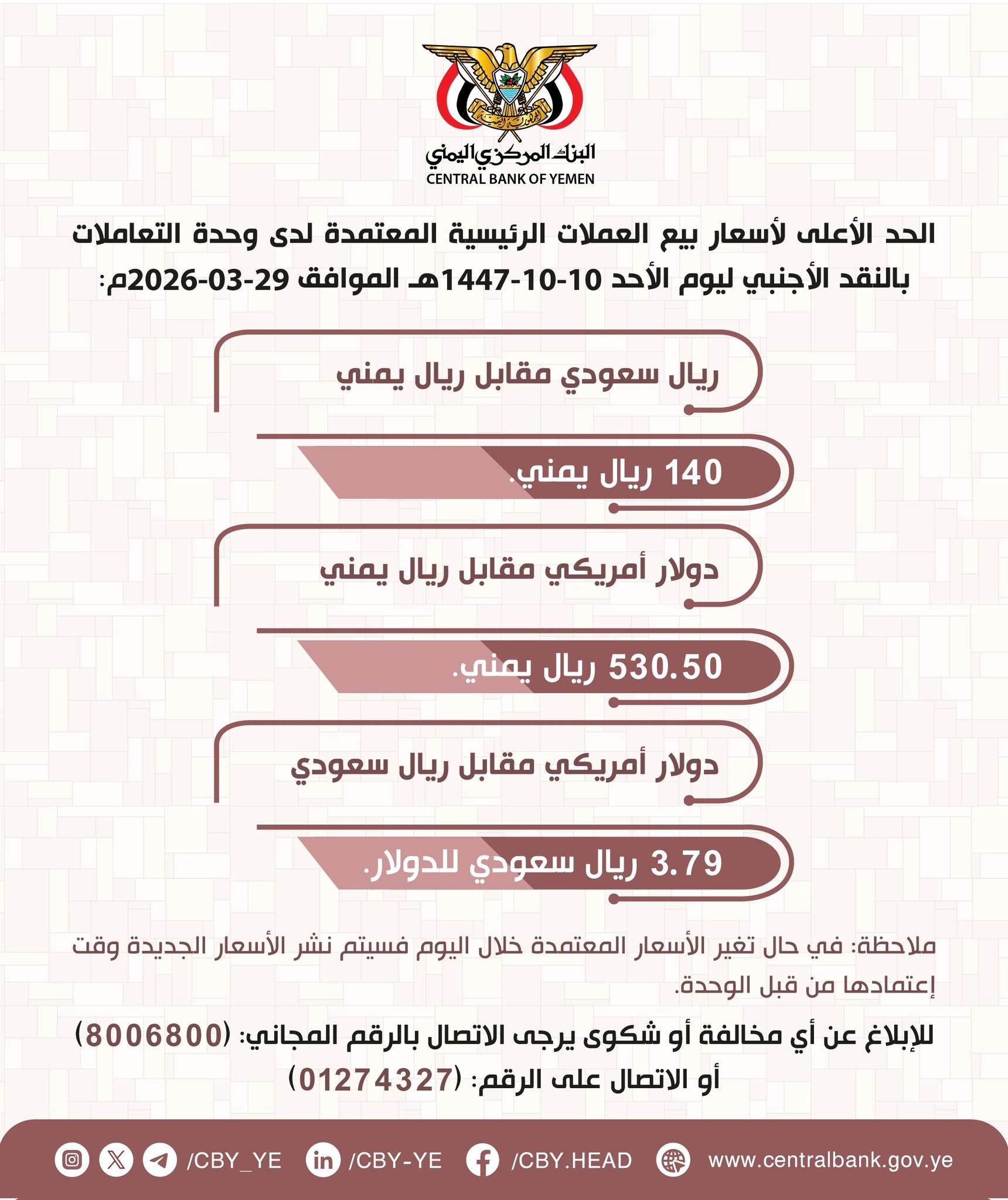 إعلان البنك المركزي اليمني بصنعاء اليوم الاحد  ..