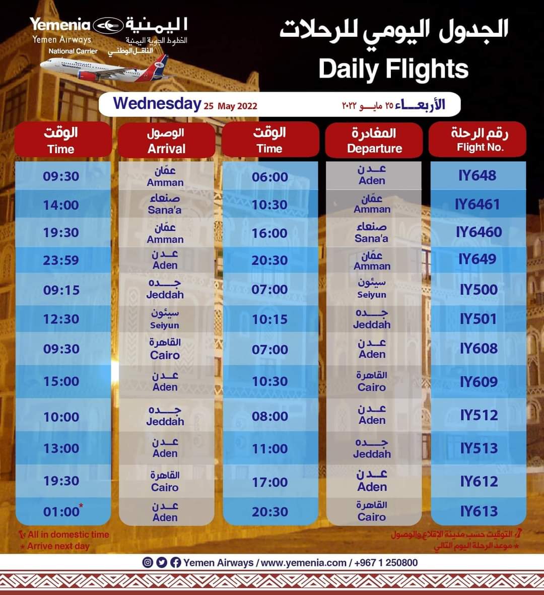 عاجل : الخطوط الجوية اليمنيه تكشف عن رحلتان متتالية من والى مطار صنعاء الدولي .. جدول