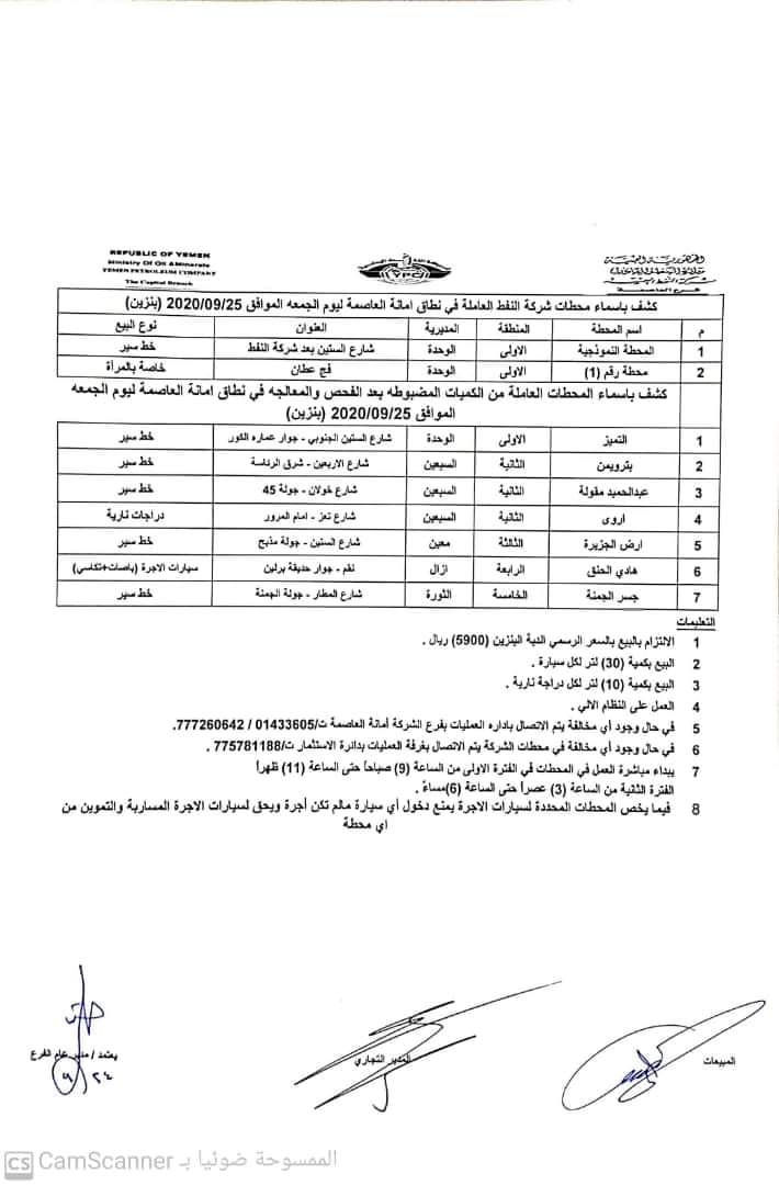 كشف بإسماء المحطات العاملة في نطاق امانة العاصمة ليوم الجمعة 25 سبتمبر 2020م 