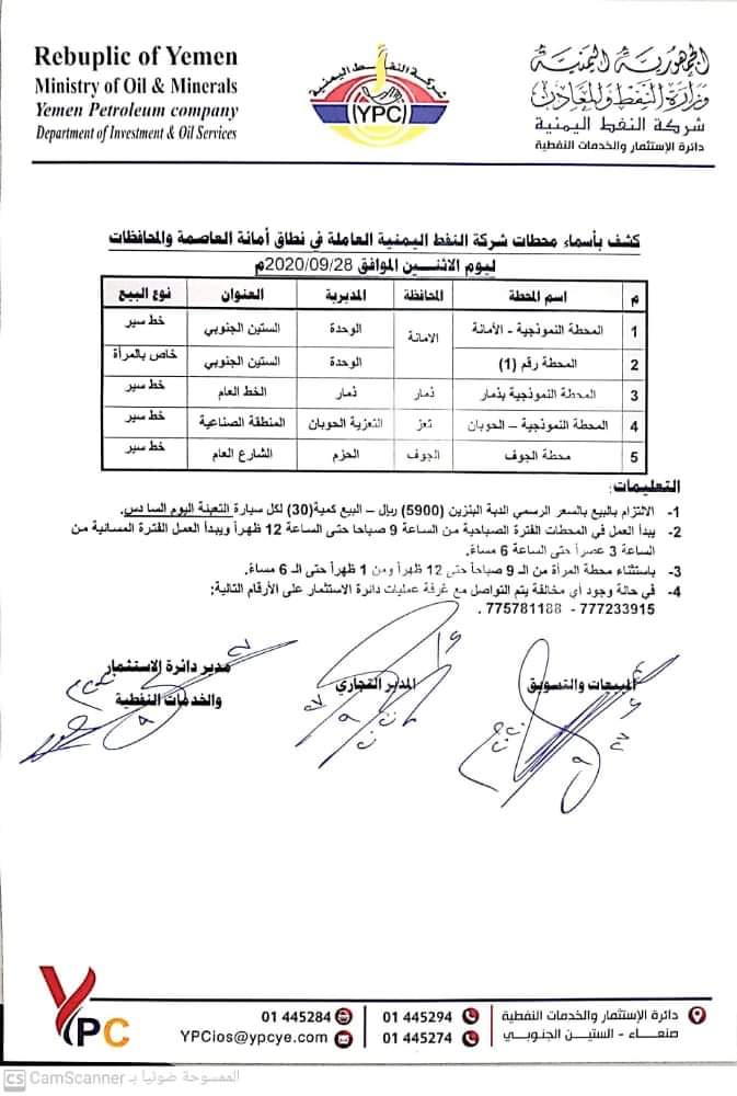 كشف بـ أسماء محطات شركة النفط اليمنية العاملة في نطاق امانة العاصمة والمحافظات 