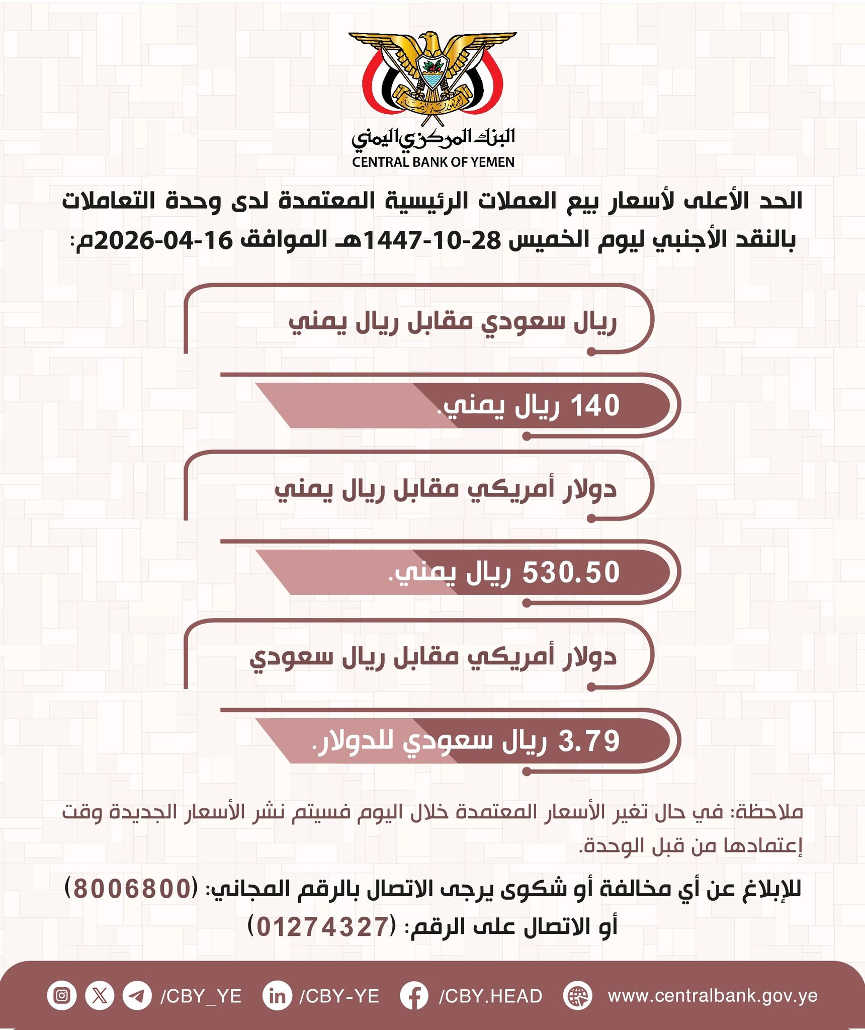 أعلان البنك المركزي اليمني بصنعاء اليوم الخميس ..