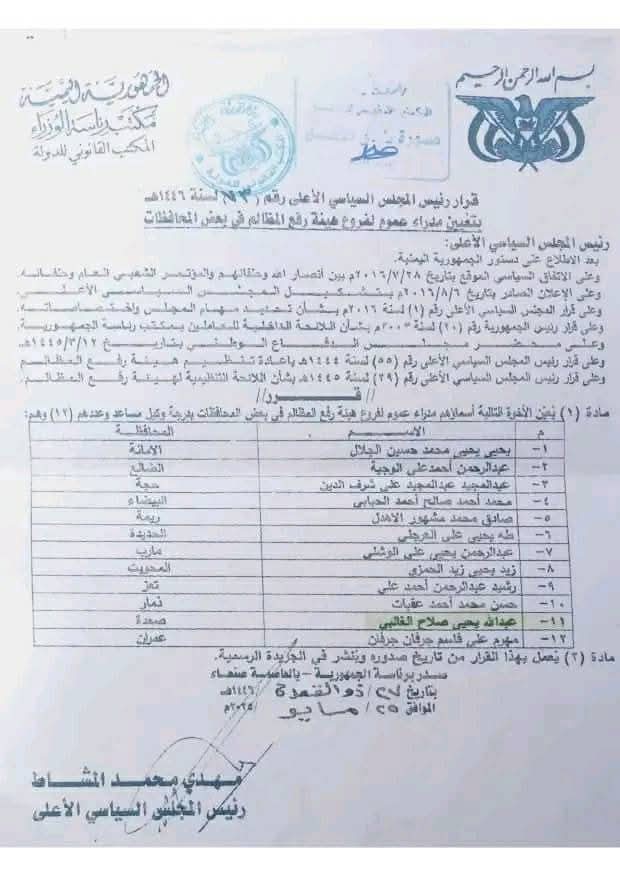 قرار رئيس المجلس السياسي الأعلى بخصوص تعيين مدراء عموم بالمحافظات .. وثيقة