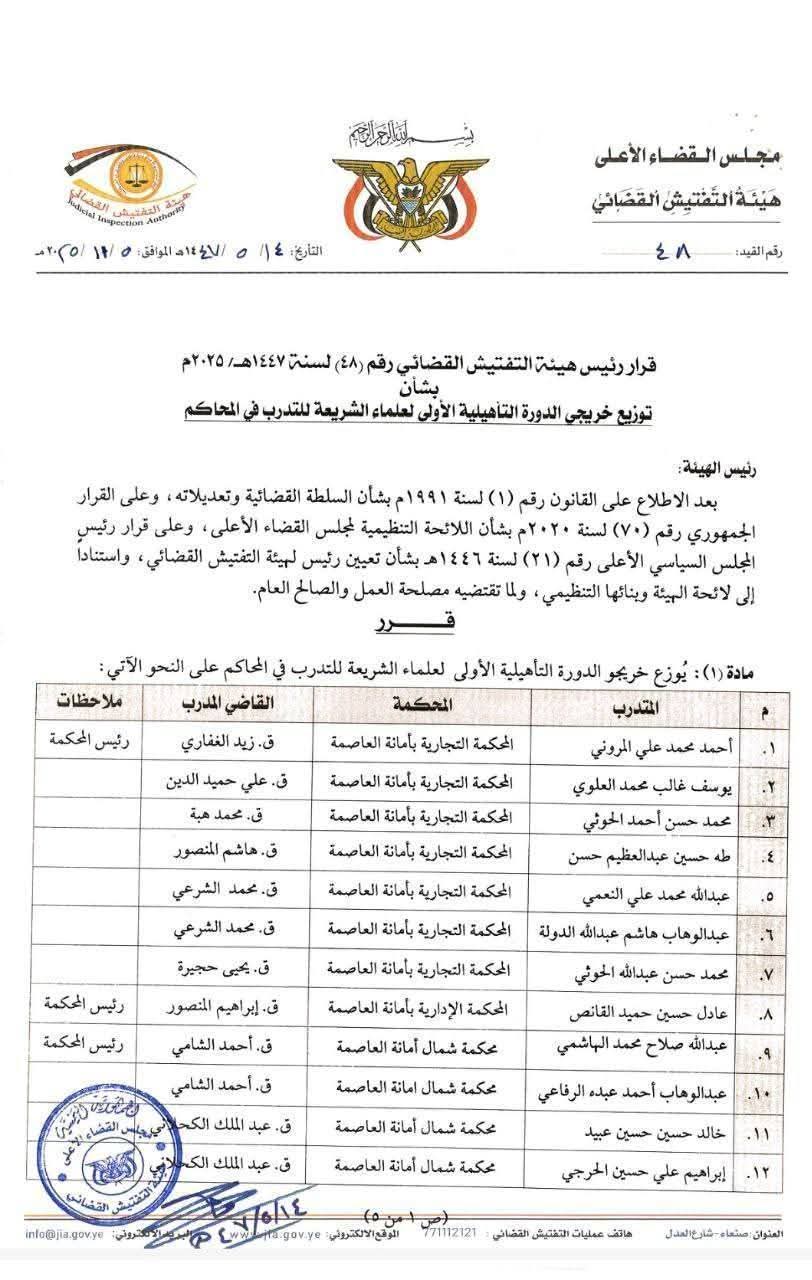 قرار هام لرئيس هئية التفتيش القضائي بصنعاء .. الأسماء