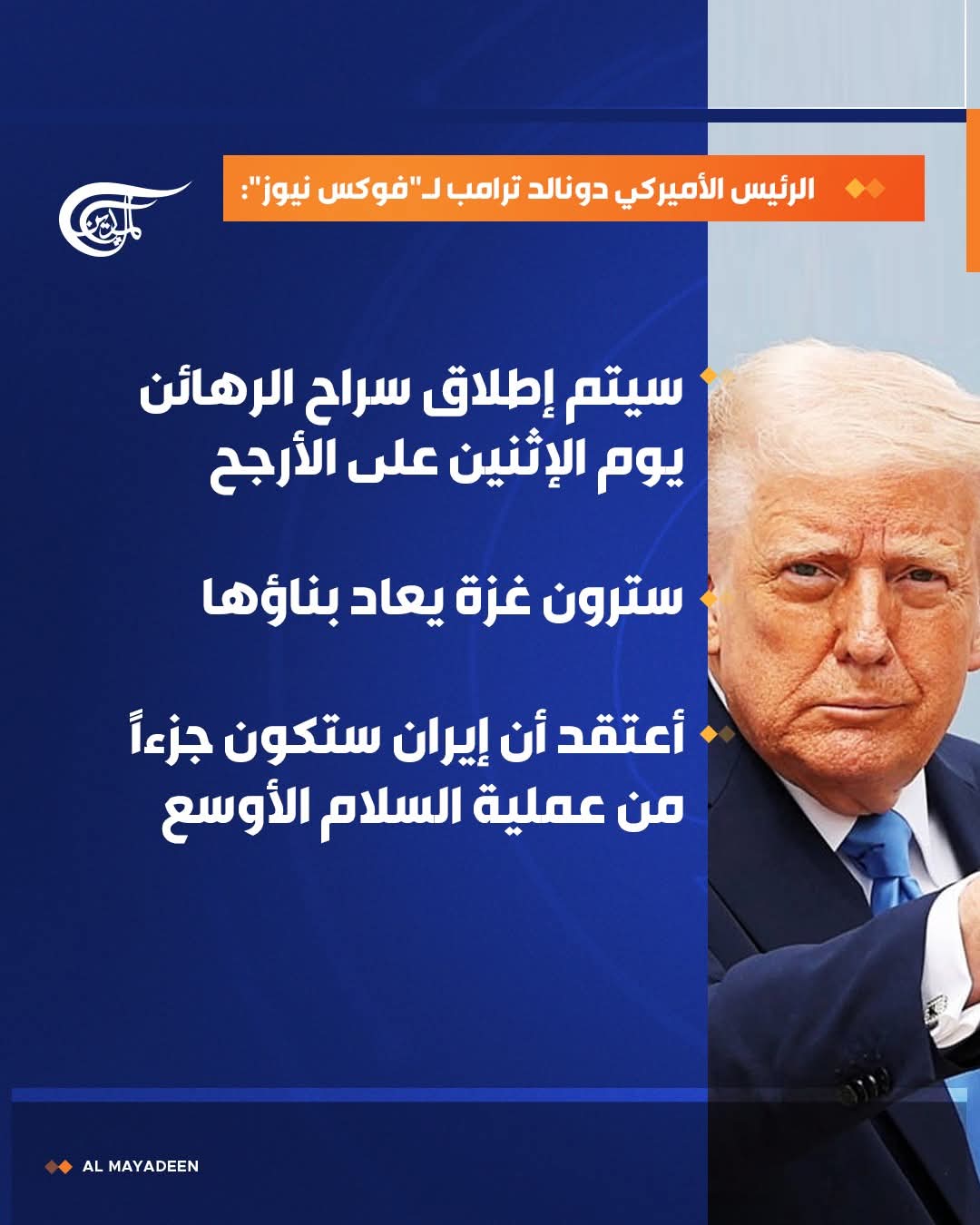 ترامب يحدد موعد إطلاق سراح الرهائن ويدوي بأن إيران ستكون جزءاً من عملية السلام