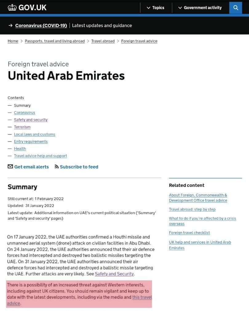 حكومة المملكة المتحدة تحذير رعاياها في الامارات طالبه منهم الحذر والحيطة تحسبا لهجمات اخرى مستقبلا  .. وثائق