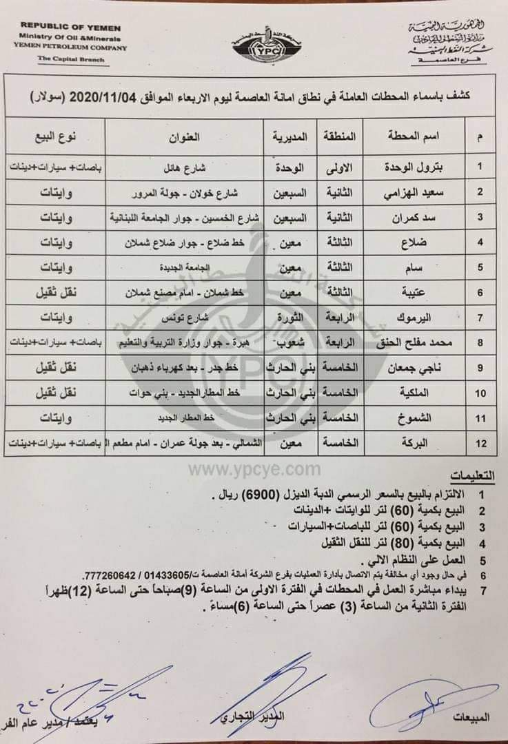 كشوفات بـ أسماء المحطات العاملة في امانة العاصمة 
