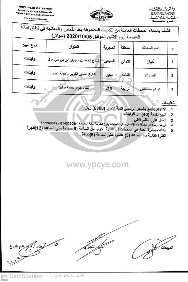 كشوفات بإسماء المحطات العاملة في نطاق امانة العاصمة ليوم الإثنين 05 أكتوبر 2020م 