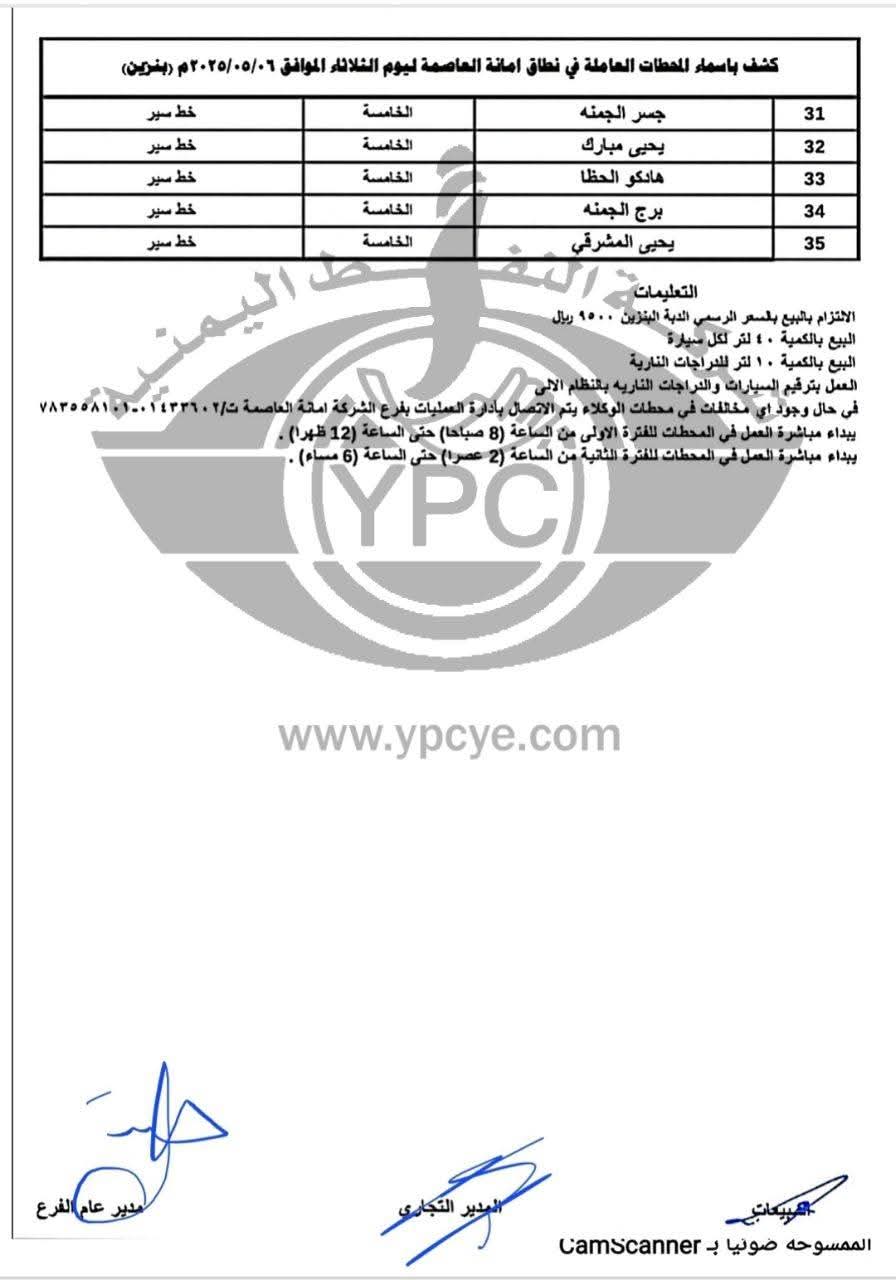 كشوفات بـ أسماء المحطات العاملة في امانة العاصمة لمادتي البنزين والديزل العاملة ليوم غدا الثلاثاء