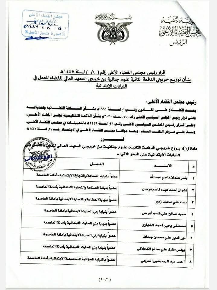 رئيس مجلس القضاء الأعلى يصدر تعيينات جديدة بالعاصمة صنعاء والمحافظات   .. الأسماء + الوثيقة