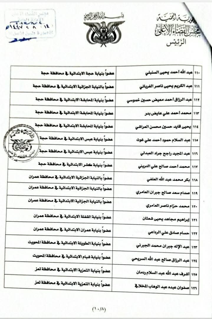 رئيس مجلس القضاء الأعلى يصدر تعيينات جديدة بالعاصمة صنعاء والمحافظات   .. الأسماء + الوثيقة