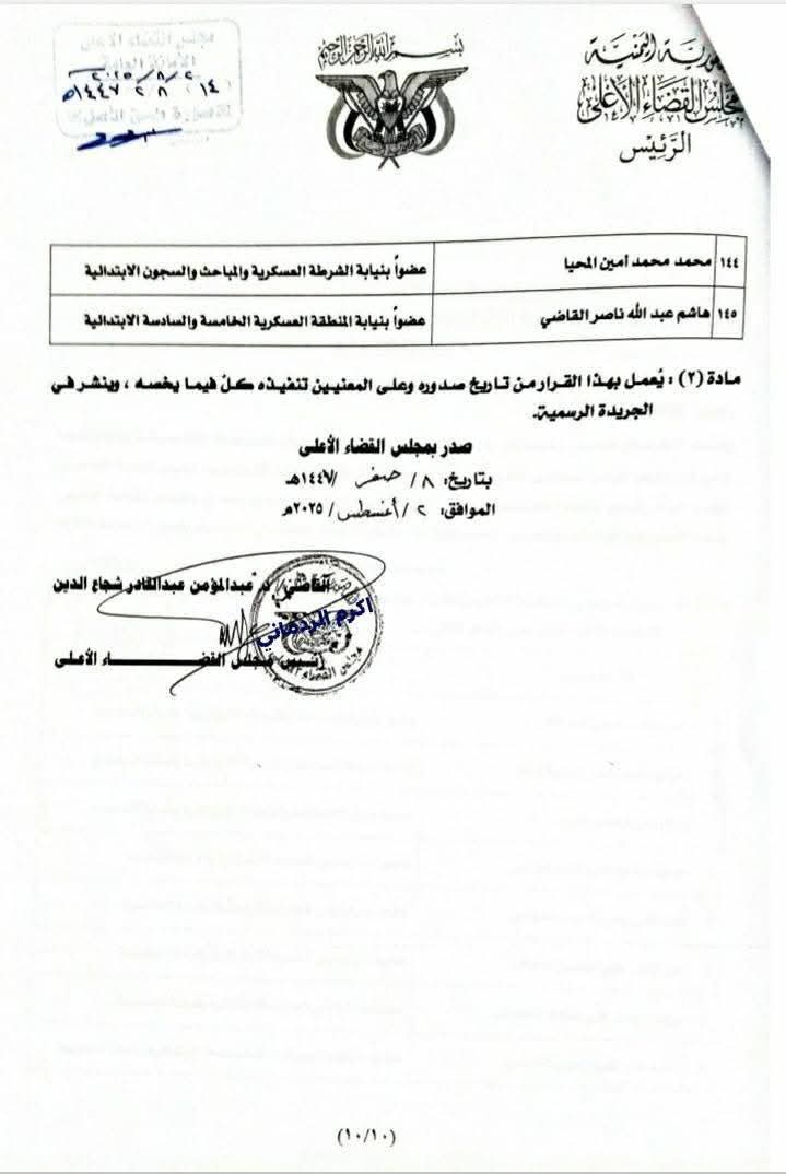 رئيس مجلس القضاء الأعلى يصدر تعيينات جديدة بالعاصمة صنعاء والمحافظات   .. الأسماء + الوثيقة