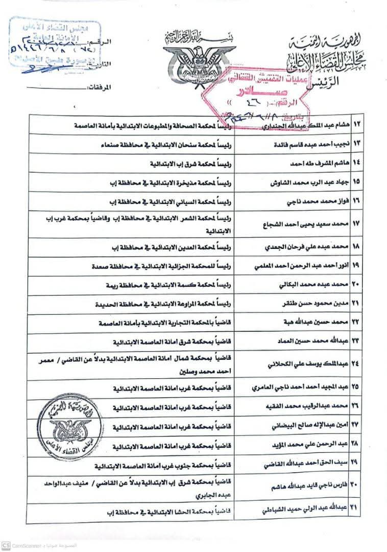 قرار هام للمجلس الأعلى للقضاء بصنعاء .. ( الأسماء + المناصب)