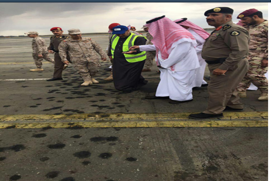 الطيران اليمني يستهدف مطار أبها شاهد بالصور أمير سعودي يتفقد المطار بعد قصفه