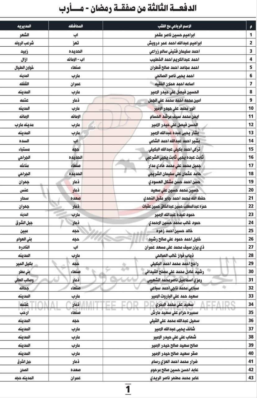 ( كشوفات الأسماء ) رئيس اللجنة الوطنية لشؤون الأسرى عبدالقادر المرتضى: غداً الأحد نستقبل في مطار صنعاء الدولي الدفعة الثالثة والأخيرة ..