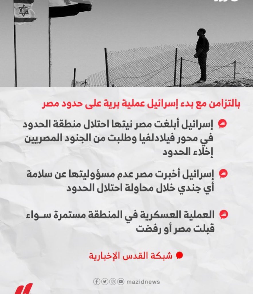 شبكة قدس : قوات الاحتلال أبلغ مصر نيته احتلال الشريط الحدودي وطلب من الجنود المصريين إخلاء الحدود فوراً .. وثائق